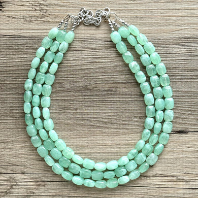 Mint Green Chunky Statement Necklace, 3 strand necklace, light green bracelet earrings jewelry set wedding, bridesmaid grass