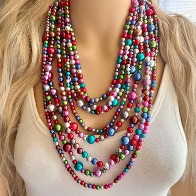 Rainbow Pearl Statement, pearl jewelry, silver chain, 8 strand bib chunky necklace, rainbow red orange yellow green blue purple pink