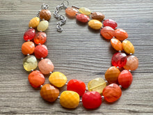 Load image into Gallery viewer, Knit Fall Cardigan Statement Necklace, Red Yellow Orange, 2 Strand Statement Necklace, fall colors, chunky autumn necklace, beaded mustard