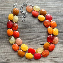 Load image into Gallery viewer, Knit Fall Cardigan Statement Necklace, Red Yellow Orange, 2 Strand Statement Necklace, fall colors, chunky autumn necklace, beaded mustard