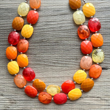 Load image into Gallery viewer, Knit Fall Cardigan Statement Necklace, Red Yellow Orange, 2 Strand Statement Necklace, fall colors, chunky autumn necklace, beaded mustard