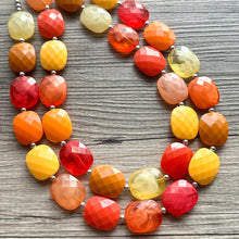 Load image into Gallery viewer, Knit Fall Cardigan Statement Necklace, Red Yellow Orange, 2 Strand Statement Necklace, fall colors, chunky autumn necklace, beaded mustard