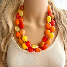 Load image into Gallery viewer, Knit Fall Cardigan Statement Necklace, Red Yellow Orange, 2 Strand Statement Necklace, fall colors, chunky autumn necklace, beaded mustard