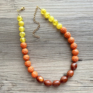 Crisp Harvest Statement Long Necklace, fall colors Mustard Gold Necklace, 1 Strand Statement necklace, vintage wood chunky orange red