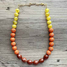 Load image into Gallery viewer, Crisp Harvest Statement Long Necklace, fall colors Mustard Gold Necklace, 1 Strand Statement necklace, vintage wood chunky orange red