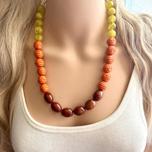 Load image into Gallery viewer, Crisp Harvest Statement Long Necklace, fall colors Mustard Gold Necklace, 1 Strand Statement necklace, vintage wood chunky orange red