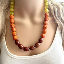 Load image into Gallery viewer, Crisp Harvest Statement Long Necklace, fall colors Mustard Gold Necklace, 1 Strand Statement necklace, vintage wood chunky orange red