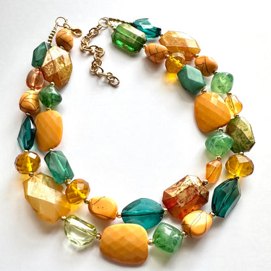 Jungle Cruise Chunky Statement Necklace, Orange necklace, green necklace beaded wedding, emerald green marigold bridesmaid jewelry