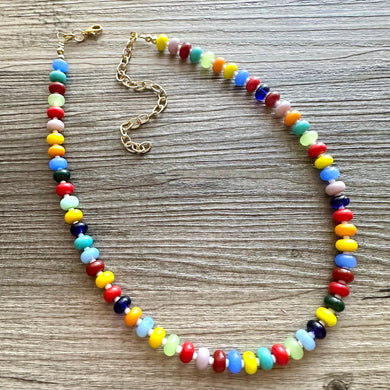 Rainbow Porcelain Block Layering Rainbow Beaded 1 Strand Necklace, Colorful Jewelry, Chunky statement jelly bean confetti silver bubble