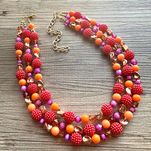 Raspberry Summer OOAK chunky beaded statement necklace, orange pink fuchsia rosegold necklace jewelry, gold beaded vacation necklace