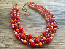 Load image into Gallery viewer, Raspberry Summer OOAK chunky beaded statement necklace, orange pink fuchsia rosegold necklace jewelry, gold beaded vacation necklace