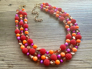 Raspberry Summer OOAK chunky beaded statement necklace, orange pink fuchsia rosegold necklace jewelry, gold beaded vacation necklace