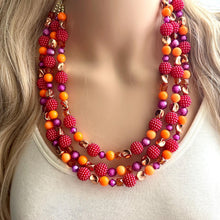 Load image into Gallery viewer, Raspberry Summer OOAK chunky beaded statement necklace, orange pink fuchsia rosegold necklace jewelry, gold beaded vacation necklace