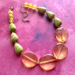 Single Strand Lemon Yellow Big Beaded Statement Necklace, Bright & Fun Jewelry Sunflower transparent resin beaded layering necklace