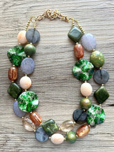 Load image into Gallery viewer, Out West Weekend chunky Statement Necklace, Big beaded jewelry, Double Strand Statement Necklace, Bib green turquoise gold champagne brown