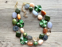 Load image into Gallery viewer, Out West Weekend chunky Statement Necklace, Big beaded jewelry, Double Strand Statement Necklace, Bib green turquoise gold champagne brown