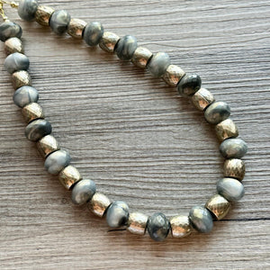 Gold & Gray Geometric Necklace, single Strand Statement Jewelry, everyday brown gold linking chain champagne resin mocha swirl