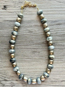 Gold & Gray Geometric Necklace, single Strand Statement Jewelry, everyday brown gold linking chain champagne resin mocha swirl