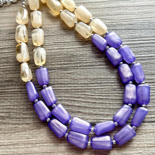 Load image into Gallery viewer, Butter Yellow &amp; Lilac double Strand Purple Big Beaded Statement Necklace, purple beaded jewelry glimmer infused bib collar