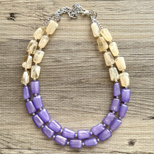 Load image into Gallery viewer, Butter Yellow &amp; Lilac double Strand Purple Big Beaded Statement Necklace, purple beaded jewelry glimmer infused bib collar