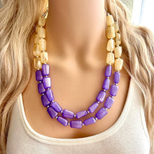 Load image into Gallery viewer, Butter Yellow &amp; Lilac double Strand Purple Big Beaded Statement Necklace, purple beaded jewelry glimmer infused bib collar