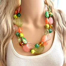 Load image into Gallery viewer, Watermelon Garden Pink &amp; Green Chunky Statement Necklace, Big beaded jewelry, double Strand bib collar Orange coral peach