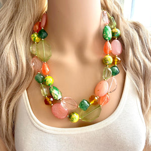 Watermelon Garden Pink & Green Chunky Statement Necklace, Big beaded jewelry, double Strand bib collar Orange coral peach