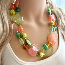 Load image into Gallery viewer, Watermelon Garden Pink &amp; Green Chunky Statement Necklace, Big beaded jewelry, double Strand bib collar Orange coral peach