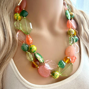 Watermelon Garden Pink & Green Chunky Statement Necklace, Big beaded jewelry, double Strand bib collar Orange coral peach