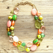 Load image into Gallery viewer, Watermelon Garden Pink &amp; Green Chunky Statement Necklace, Big beaded jewelry, double Strand bib collar Orange coral peach