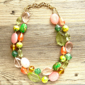 Watermelon Garden Pink & Green Chunky Statement Necklace, Big beaded jewelry, double Strand bib collar Orange coral peach