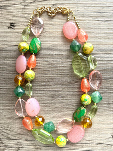 Watermelon Garden Pink & Green Chunky Statement Necklace, Big beaded jewelry, double Strand bib collar Orange coral peach