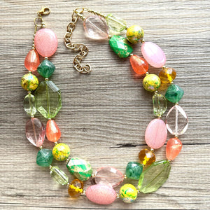 Watermelon Garden Pink & Green Chunky Statement Necklace, Big beaded jewelry, double Strand bib collar Orange coral peach