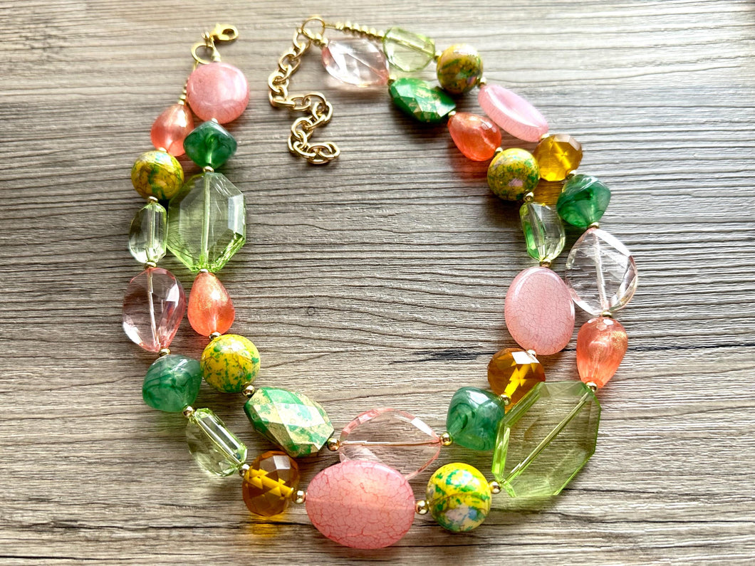 Watermelon Garden Pink & Green Chunky Statement Necklace, Big beaded jewelry, double Strand bib collar Orange coral peach