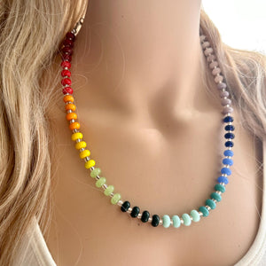 Rainbow Porcelain Block Layering Rainbow Beaded 1 Strand Necklace, Colorful Jewelry, Chunky statement jelly bean confetti silver bubble