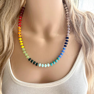 Rainbow Porcelain Block Layering Rainbow Beaded 1 Strand Necklace, Colorful Jewelry, Chunky statement jelly bean confetti silver bubble