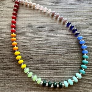 Rainbow Porcelain Block Layering Rainbow Beaded 1 Strand Necklace, Colorful Jewelry, Chunky statement jelly bean confetti silver bubble