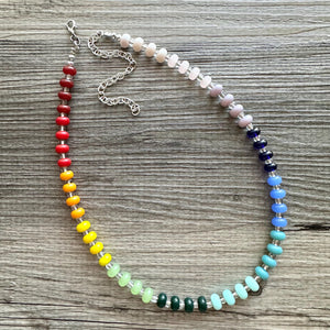 Rainbow Porcelain Block Layering Rainbow Beaded 1 Strand Necklace, Colorful Jewelry, Chunky statement jelly bean confetti silver bubble