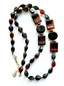 Tortoise Shell long vintage necklace, brown black acrylic beaded statement necklace, everyday neutral chunky layering vintage necklace