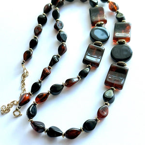 Tortoise Shell long vintage necklace, brown black acrylic beaded statement necklace, everyday neutral chunky layering vintage necklace