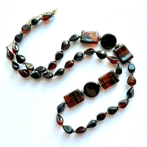 Tortoise Shell long vintage necklace, brown black acrylic beaded statement necklace, everyday neutral chunky layering vintage necklace