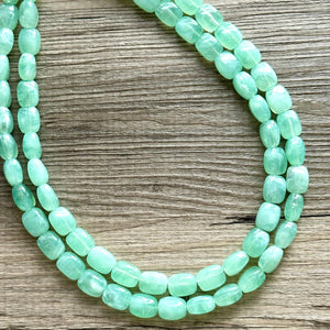 Mint Green Chunky Statement Necklace, 2 strand necklace, light green bracelet earrings jewelry set wedding, bridesmaid grass