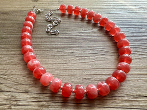 Fiesta Red Candy Statement Necklace, resin chunky multi-strand jewelry, light red white necklace, single strand silver thick layering