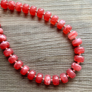 Fiesta Red Candy Statement Necklace, resin chunky multi-strand jewelry, light red white necklace, single strand silver thick layering