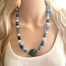 Load image into Gallery viewer, Blue Green Stream Chunky Statement Necklace, single strand bib beaded jewelry, navy blue color block necklace, turquoise aqua forest jewelry