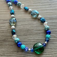 Load image into Gallery viewer, Blue Green Stream Chunky Statement Necklace, single strand bib beaded jewelry, navy blue color block necklace, turquoise aqua forest jewelry