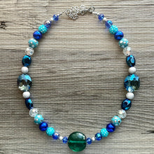 Load image into Gallery viewer, Blue Green Stream Chunky Statement Necklace, single strand bib beaded jewelry, navy blue color block necklace, turquoise aqua forest jewelry