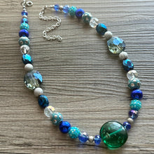 Load image into Gallery viewer, Blue Green Stream Chunky Statement Necklace, single strand bib beaded jewelry, navy blue color block necklace, turquoise aqua forest jewelry