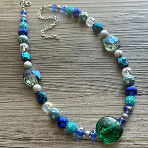 Blue Green Stream Chunky Statement Necklace, single strand bib beaded jewelry, navy blue color block necklace, turquoise aqua forest jewelry