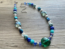 Load image into Gallery viewer, Blue Green Stream Chunky Statement Necklace, single strand bib beaded jewelry, navy blue color block necklace, turquoise aqua forest jewelry